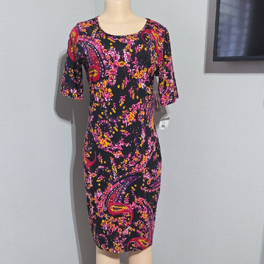 LuLaRoe Black Floral Paisley Midi Dress with Pink & Yellow Accents Size L